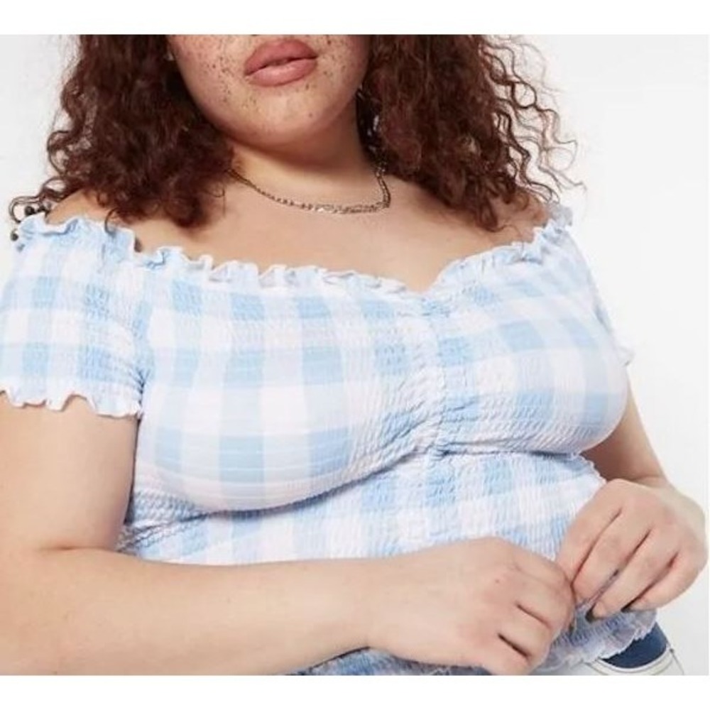 Arizona Jean Co. Women's Lettuce Edge Crop Cotton Gingham Top in Blue/White 2XL